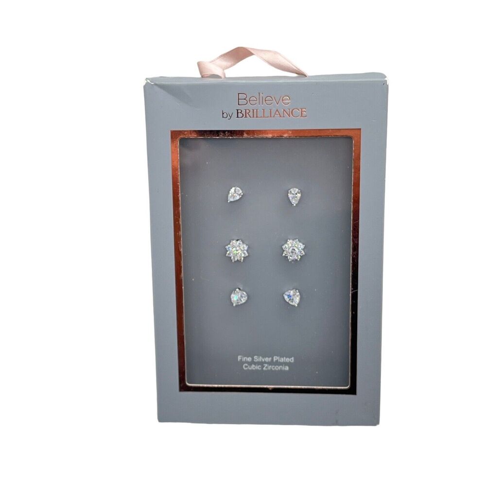 Believe Brilliance Earrings Silver Plated Cubic Zirconia Heart Flower Teardrop